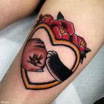 Cat tattoo by Iris Lys #IrisLys #Cattooer #cattattoos #cat #kitty #animal #petportrait #bff #leg #color #traditional #heart #peony