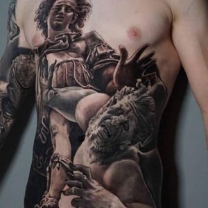 Archangel Michael defeating the devil. Full front in progress.  #blackandgrey #realism #tattoo