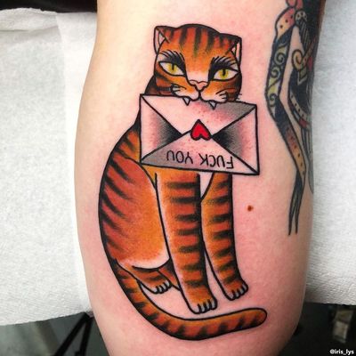 Cat tattoo by Iris Lys #IrisLys #Cattooer #cattattoos #cat #kitty #animal #petportrait #bff #color #traditional #letter #heart #fuckyou #leg