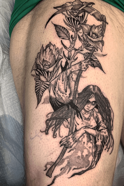 “Haunted by these times wreathed in illusion.” A #reaper lady and #flowers for Don today. Thanks for trusting me with this! Made at @americancrowtattoo 🥀 #columbustattooers #ohiotattooers #blackwork #btattooing #blckink #blackworksubmission