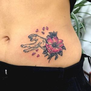 Lion stomach tattoo linework colour