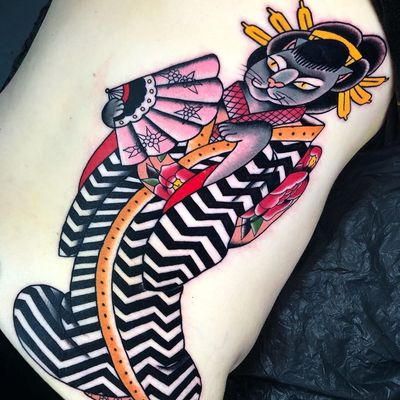 Cat tattoo by Iris Lys #IrisLys #Cattooer #cattattoos #cat #kitty #animal #petportrait #bff #color #traditional #japanese #geisha #peony #ribs