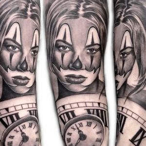 Chicano Girl Clown Time in black and grey realism, London, UK | #chicanotattoos #blackandgrey #portrait