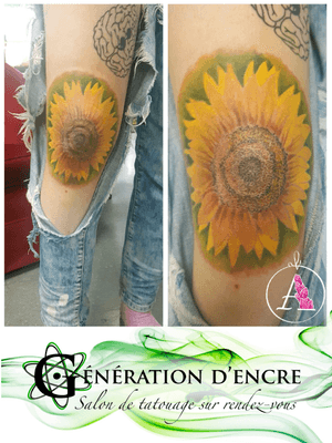 pretty sunflower on the knee, a session, a warrior! #sunflower #kneetattoo #tattoo #ink #color #colorful #coloryourworld #coloryourskin #flowers #flowertattoo #colortattoo #realistic #metdelacreme #Atomikwave #duringafter&forever #inkgenerationshop #sherbylove #sherbrooke #ink #love #tattooed #warrior #professional #goodvibe #namaste