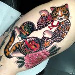 Cat tattoo by Iris Lys #IrisLys #Cattooer #cattattoos #cat #kitty #animal #petportrait #bff #leg ##color #traditional #monmon #peony #yokai #tattooedtattoo