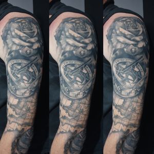 Fully healed Opaque Black and Grey 3/4 sleeve done at Tribal Urge Tattoo in Newcastle Aus. 