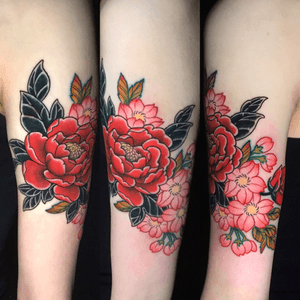 Peony and cherry blossom (cover up of a birth mark)