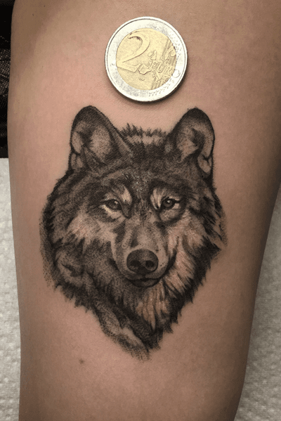 Black & grey wolf #wolftattoo #wolf #tinytattoo #minitattoo #compacttattoo #berlintattoo #inked #blackandgrey #blackandwhite