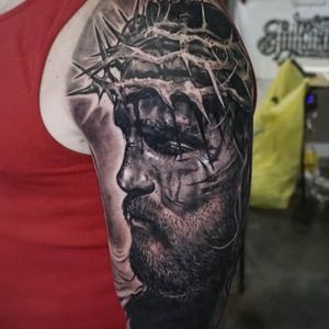 The passion of Jesus Christ portrait tattoo on the sleeve in black and grey realism, London, UK | #blackandgrey #realism #tattoos