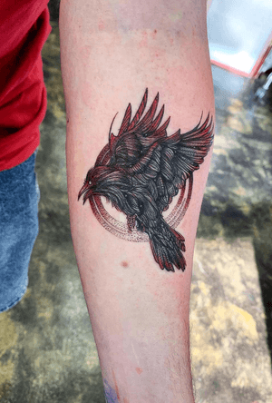 Blackwork raven with red
