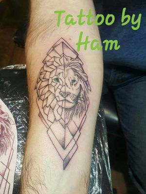 Tattoo by Amber "Ham" Cantu #geometric #lion #linework #blackandgrey