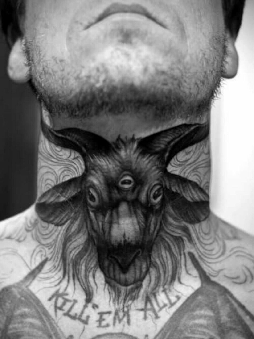 saketattoo saketattoocrew sullen sullenclothing tattoo dark goat  skull horns realistic bng blackandwhite design custom neck  neckpiece realiscti