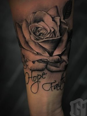 Done by Gorillla Tattoo  #rose #realistic #linework #realism #blackandgrey  #flower #love #hope #faith #lettering #caligraphy