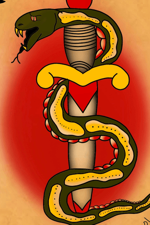 “Snake Bite” traditional tattoo flash art by Zombie Heart. For sale on zombie-heart.com. Thanks for looking!!