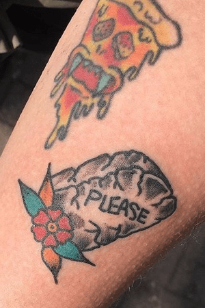 Vampire slice of pizza was my first tattoo done by an artist in Portland, ME. “Please” gravestone was done by the same artist who tattooed my rose (unfortunately).