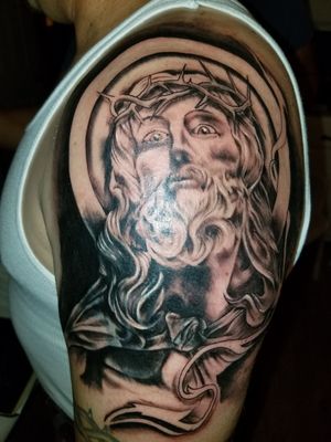 Covered up a real crappy Jesus tatt with Jesus...0_o... lol only first session. 2nd session to come soon enough.