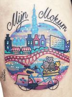 Netty's personal little Amsterdam with historical city skyline, The Whale building (on the right), Python bridge, and her fantastic bike with a crate full of toys! #amsterdamtattoo #landscapetattoo #scenerytattoo #cutetattoo #Amsterdam