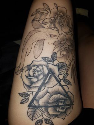 Tattoos done by yours truly Peony Flowers with a Koi fish and Roses with a triangle
