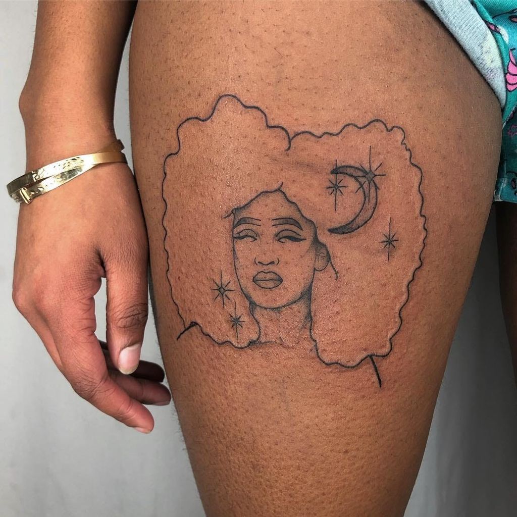 Cosmic goddess tattoo by Tattoo artist Brittany Randell #BrittanyRandell #humblebeetattoo #blackfemaleartist #blacktattooartist #blacktattooer #blacktattoos #poctattoos #poc #torontotattoos #illustrative #linework