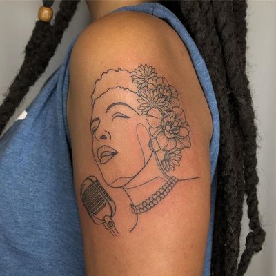 Billie Holiday tattoo by Tattoo artist Brittany Randell #BrittanyRandell #humblebeetattoo #blackfemaleartist #blacktattooartist #blacktattooer #blacktattoos #poctattoos #poc #torontotattoos #illustrative #linework