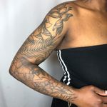 Nature sleeve tattoo by Tattoo artist Brittany Randell #BrittanyRandell #humblebeetattoo #blackfemaleartist #blacktattooartist #blacktattooer #blacktattoos #poctattoos #poc #torontotattoos #illustrative #linework