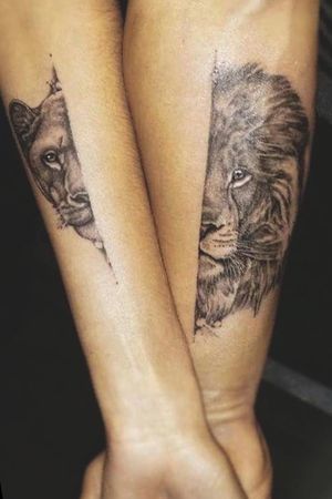 #couplestattoo #liontattoo #lionesstattoo #detailedtattoo #halfandhalftattoo