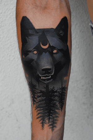 Black wolf with a forest