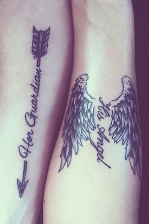 At the top of my list😍 #couplestattoo #angelwings #angelwingstattoo #arrowtattoo #herguardiantattoo #hisangeltattoo #hisandherstattoo #cursivetattoo