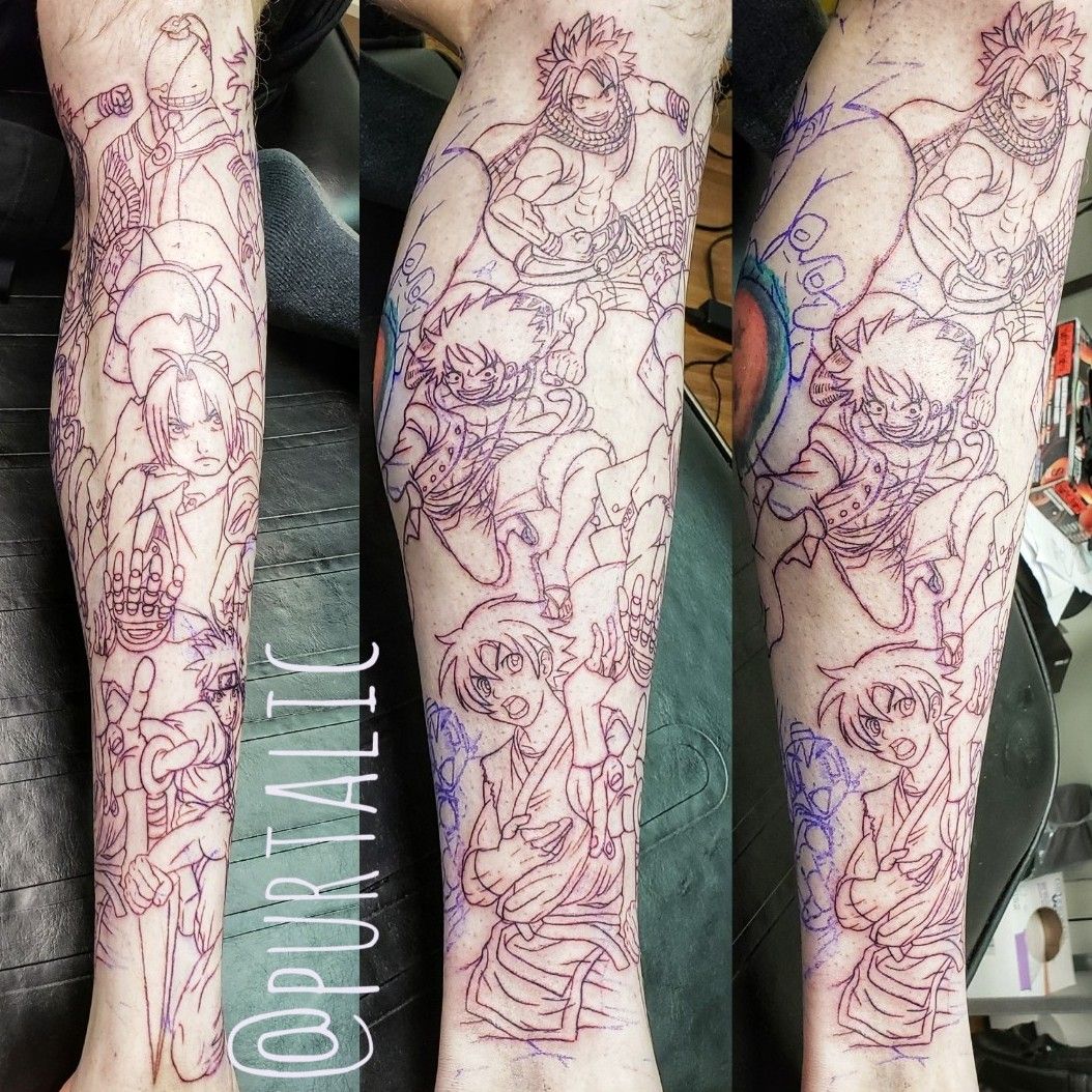 Anime Leg Sleeve complete Got all of my favorite anime characters as a  sleeve Done by mondoink on IG Im VA Beach Best anime tattoo artist  in the game  rAnimetattoos