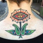 Eye tattoo by Matt Bivetto #MattBivetto #eyetattoos #eyetattoo #eye #back #color #alien #plant #flower #weird #strange #unique #surreal #surrealism