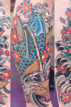 Koi leg sleeve with cherry blossoms and water