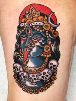 Eye tattoo by Robert Ryan #RobertRyan #eyetattoos #eyetattoo #eye #goddesskali #kali #color #traditional #hindu #skull #thirdeye #leg