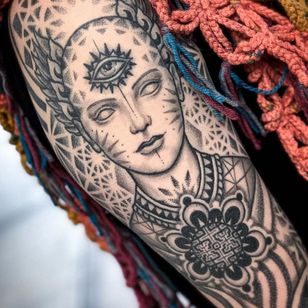 Eye Tattoo by Aries Rhysing #AriesRhysing #eyetattoos #eyetattoo #eye #arm #portrait #pattern #buddhist #thirdeye #sacredgeometry #blackandgrey #illustrative #ornamental #dotwork #flower