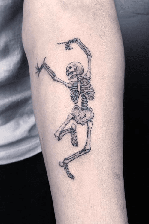 The Skeleton Dance tattoo located on the thigh