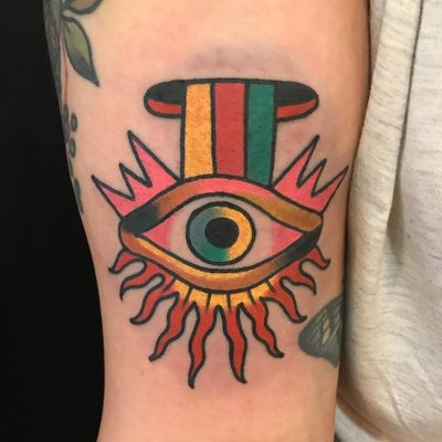 Eye tattoo by Julia Campione #JuliaCampione #eyetattoos #eyetattoo #eye #arm #color #traditional #fire #rainbow #surreal #surrealism #thirdeye