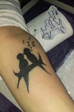 lovebirds silhouette with lettered musical notes. a engagement piece #birdtattoo #silhoutte #lovebirds #ink #forearmtattoo 