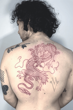 Dragon, dragon tattoo, back tattoo, red ink 
