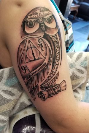 Harry Potter Owl with symbols Done by Jerrod @ Southern Tattoo in Mandeville, LA