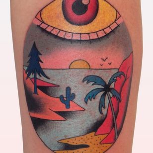 Eye tattoo by Brindi #Brindi #eyetattoos #eyetattoo #eye #landscape #mountain #palmtree #cactus #thirdeye #color #illustrative #arm