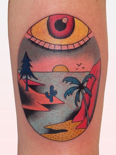 Eye tattoo by Brindi #Brindi #eyetattoos #eyetattoo #eye #landscape #mountain #palmtree #cactus #thirdeye #color #illustrative #arm