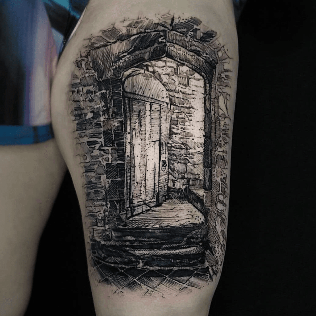 Open door tattoo by Chinatown Stropky inked on the left forearm  Square  tattoo Minimal tattoo Brain tattoo