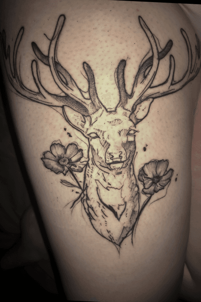 Third tattoo 🦌🍃 (DEER) {6-22-2019} #deer #blackwork #french #thigh #flower #dotwork #thirdtattoo 