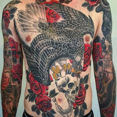 Bodysuit by George Campise #GeorgeCampise #SanDiegoTattooInvitational #BillCanales #SanDiego #tattooconvention #tattooevent #California #skull #falcon #roses #bodysuit