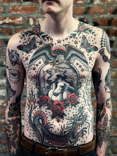 Traditional torso by Bradley Kinney #BradleyKinney #pharaohshorses #dragon #traditional #eagle #SanDiegoTattooInvitational #BillCanales #SanDiego #tattooconvention #tattooevent #California #bodysuit