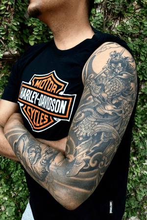 Japanese sleeve tattoo,monkey king ,tiger,dragon and oni mask 