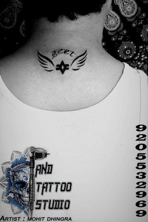 Customised initial tattoo with wings n name... DM FOR APPOINTMENTS #andtattoostudio #ink #tattoo #tattoos #tat #ink #inked #tatted #instatattoo #bodyart #art #design #instaart #tattooed #tattooist #instagood #photooftheday #tatts #tats #dynamicink #worldfamousink #tattedup #inkedup #blackandgrey #colourtattoo #nametattoo #delhitattooartist #necktattoo #initialtattoo #tattooideas #tattoostyle