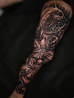 Amazing full leg sleeve done by artist Roby. Bookings and information:📧 kamikazetattoostudios@gmail.com📞 WA:+62(0)82235144760.#kamikazetattoostudio #bali #canggu #blackgreytattoo#kuta #gili #gilitrawangan #tattoos #balitattoo #balitattoostudio #balitattooshop #legsleeves #blackandgreytattoo #fullsleeve #eagletattoo #beartattoo #wolftattoo #originaltattoodesign #legpiece #nativeamericantattoo