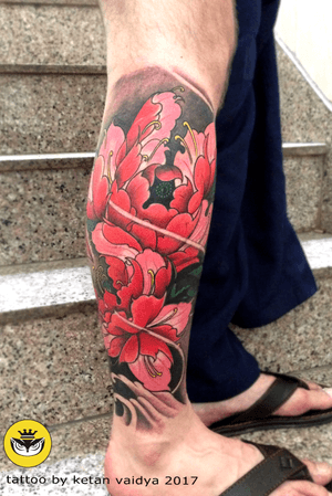 Peony leg sleeve tattoo