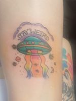 Fun crazy one to do! #stayweird #ufotattoo #rainbow #colourful #tattoo #scifi #WeirdTattoos #colourtattoo #thightattoo #colour #colourwork #shoreham #spaceship #cartoonish #fullcolour #awesome