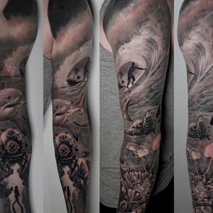 Surf & Dive Full Sleeve finished. Black and grey realistic full sleeve tattoo of sea life, deep diver, shark, hammer fish, nemo fish and jelly fish, London, UK | #tattoos #blackandgrey #realism